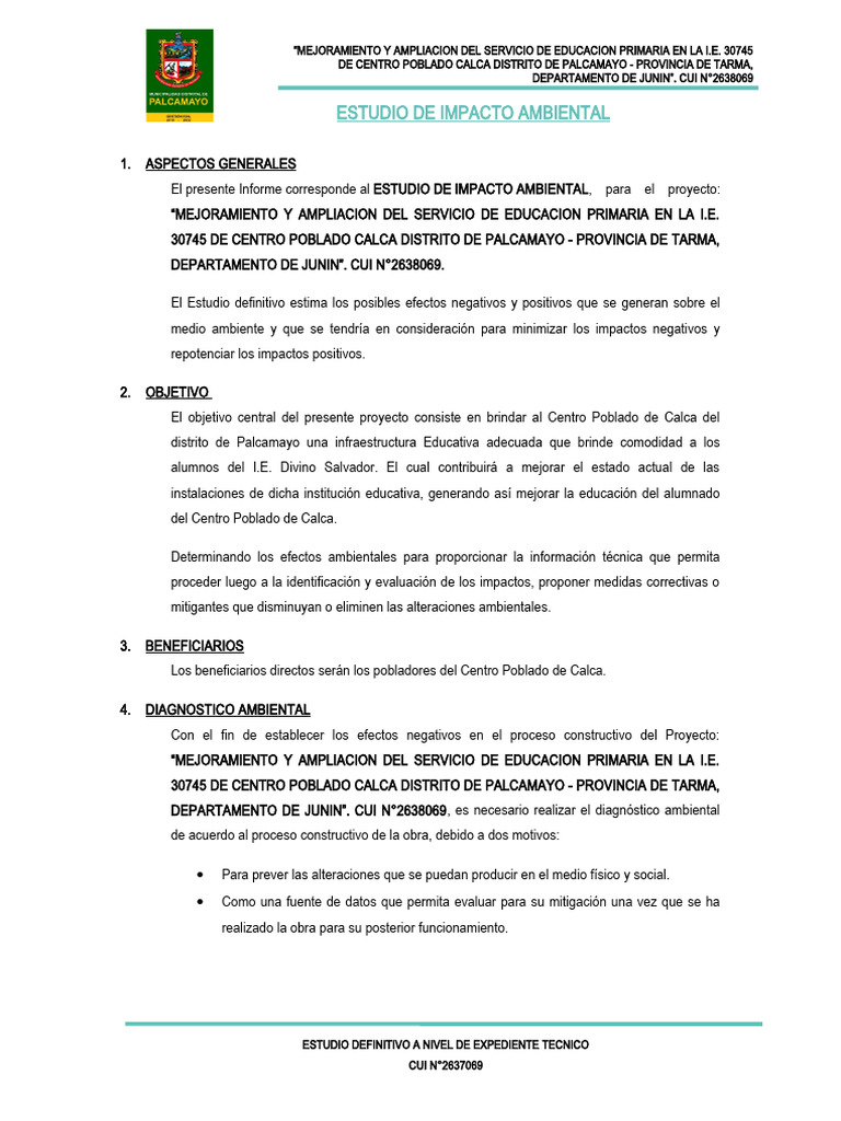 Estudio de Impacto Ambiental I.E. 30745 | PDF | Evaluación de impacto ...