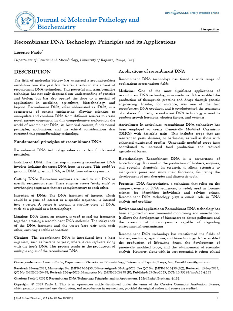 Principles and Applications of rDNA Technology | PDF | Recombinant Dna ...