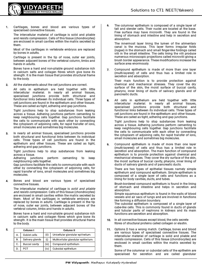 CT1 - NEET - Yakeen - 11-Jun-2024 - Solution | PDF | Epithelium ...