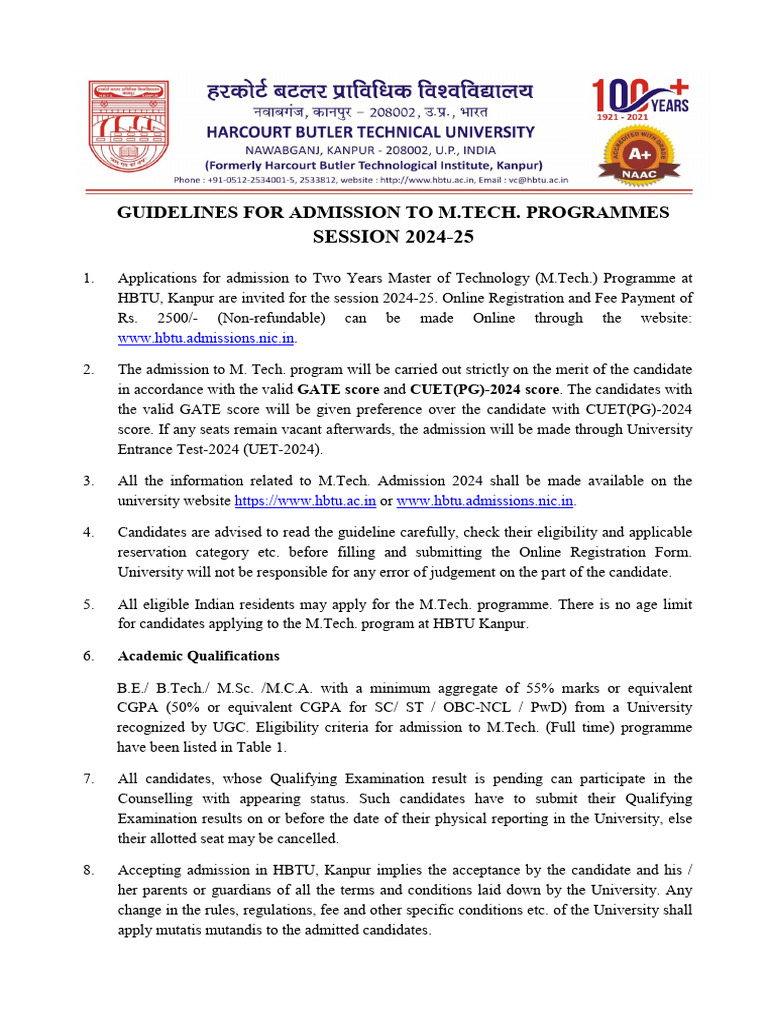 HBTU M.Tech Admission Guidelines 2024-25 | PDF | Engineering