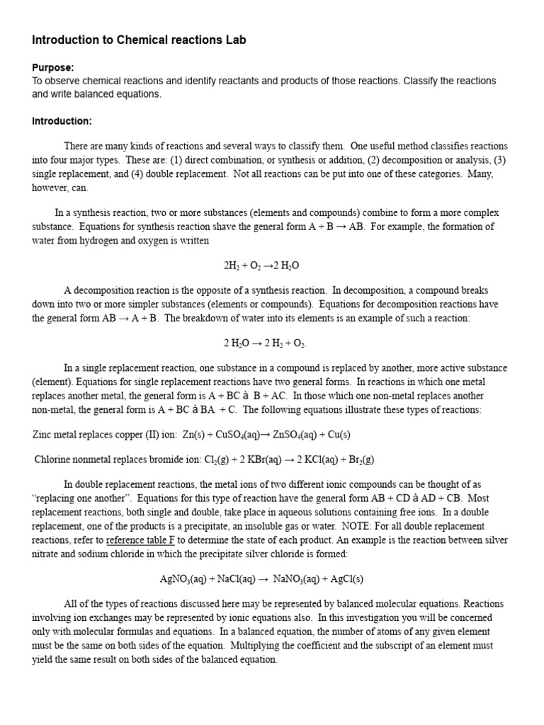 Introduction To Chemical Reactions Lab | PDF | Chemical Reactions ...