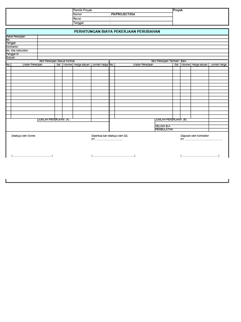 Form-Perhitungan Pekerjaan Perubahan-VO | PDF