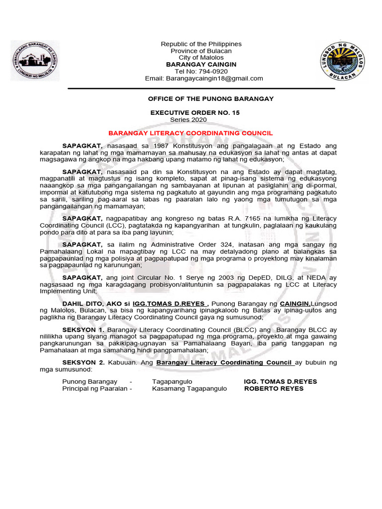 E.O TR 15-2018 (BLCC) Literacy Coordinating Council | PDF
