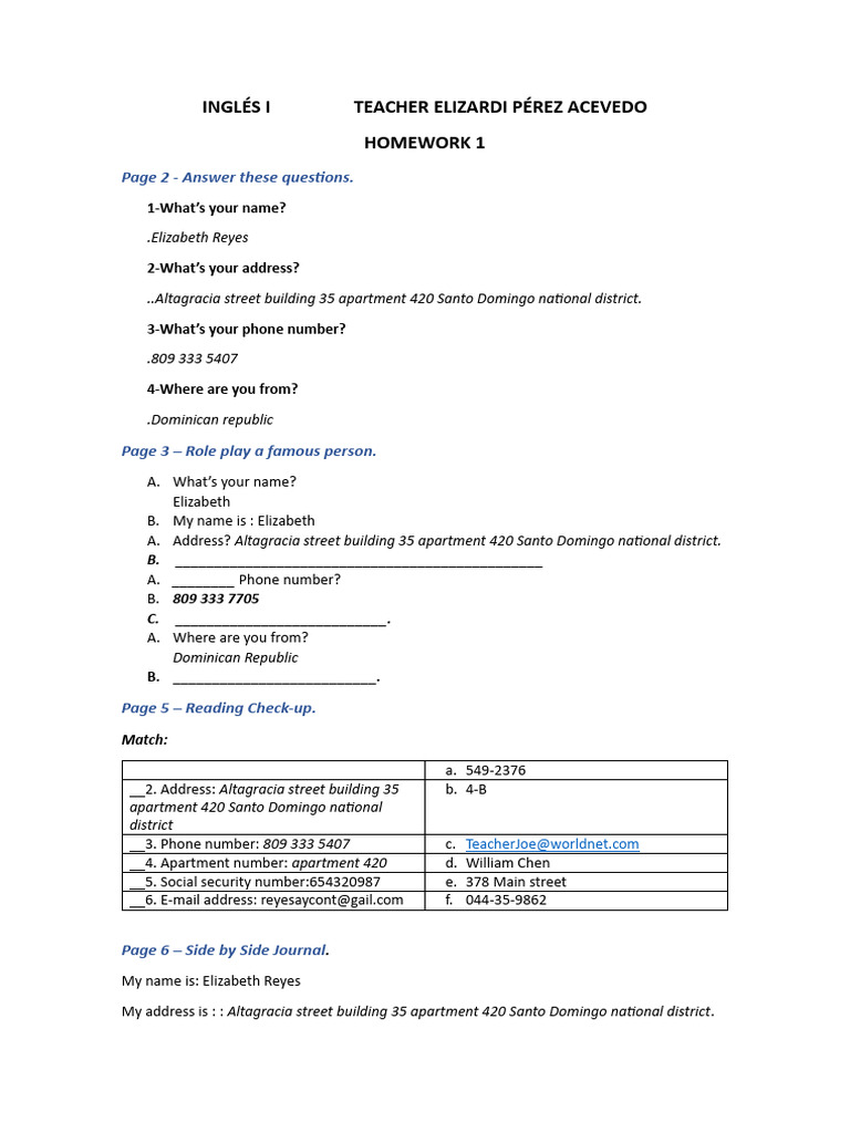 English Homework for Santo Domingo Class | PDF