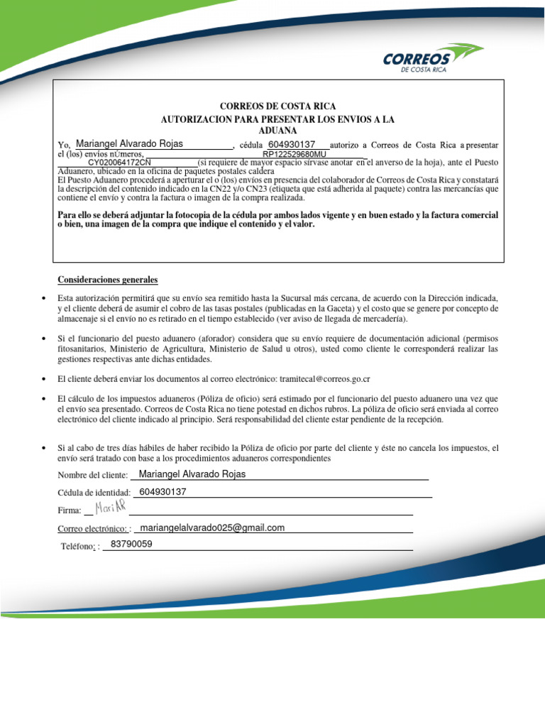 Autorización Aduana Pdf Correo Aduana
