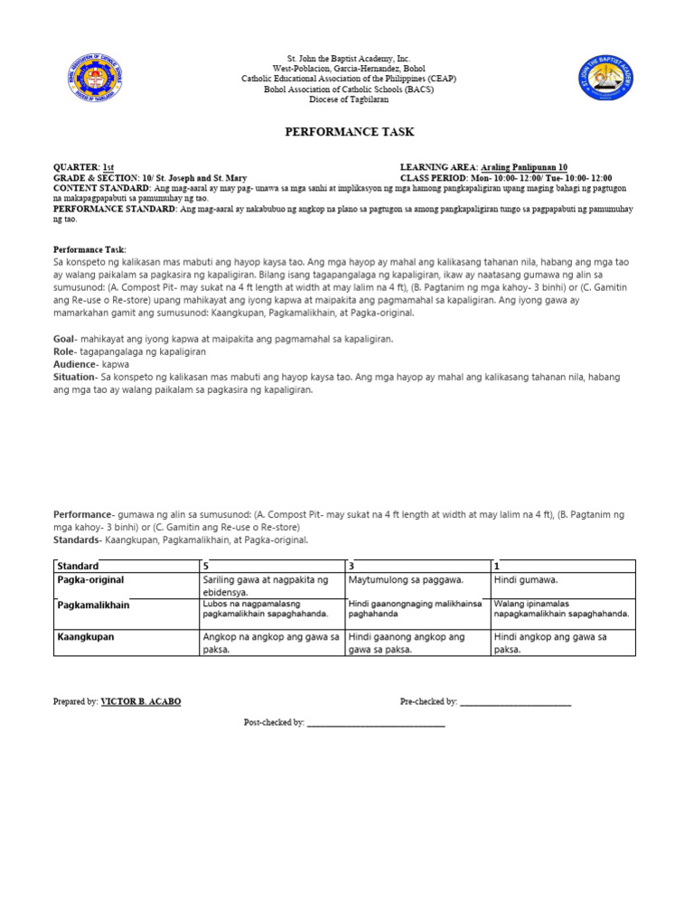 1st QTR Performance Task AP 10 | PDF