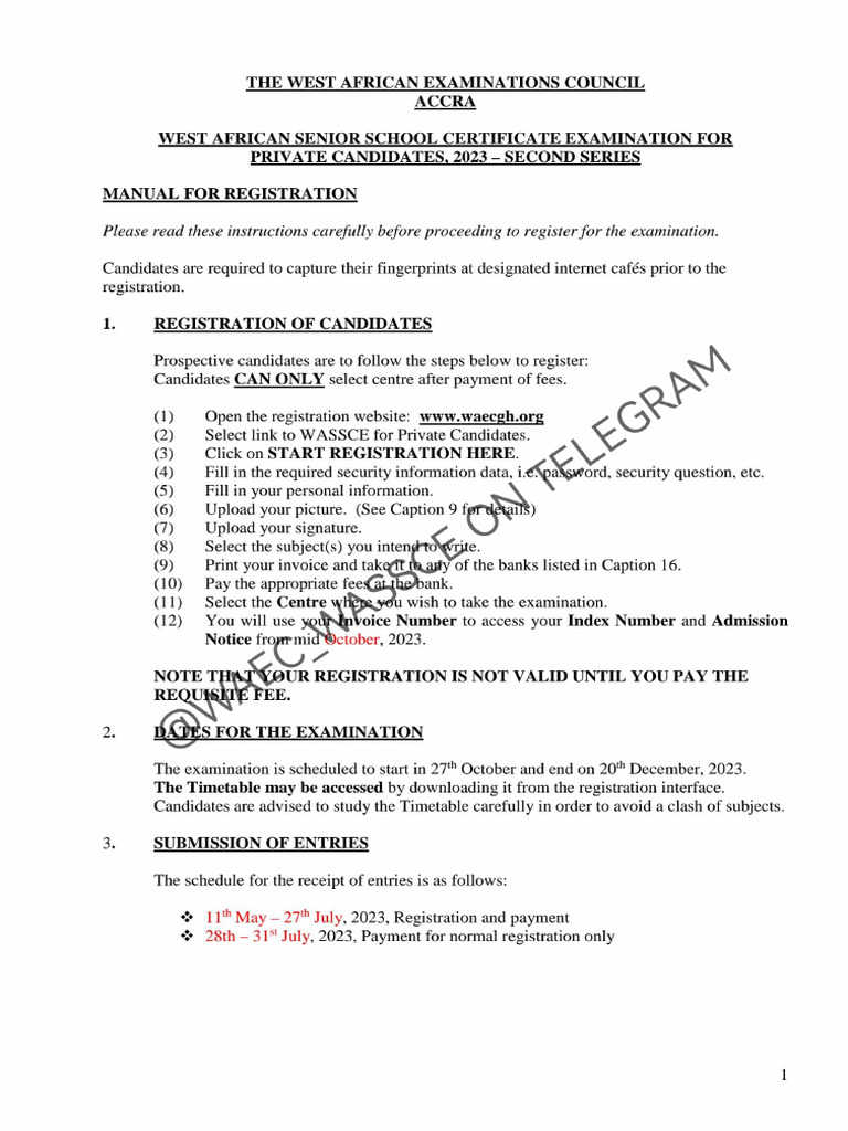 Private Wassce 2023 Novdec Guidelines and Manual If You Are Private | PDF
