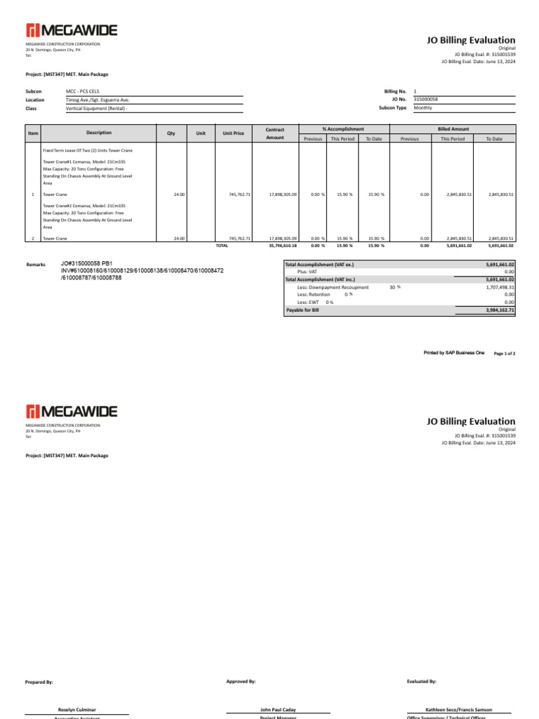 Tower Crane Rental Billing Evaluation | PDF