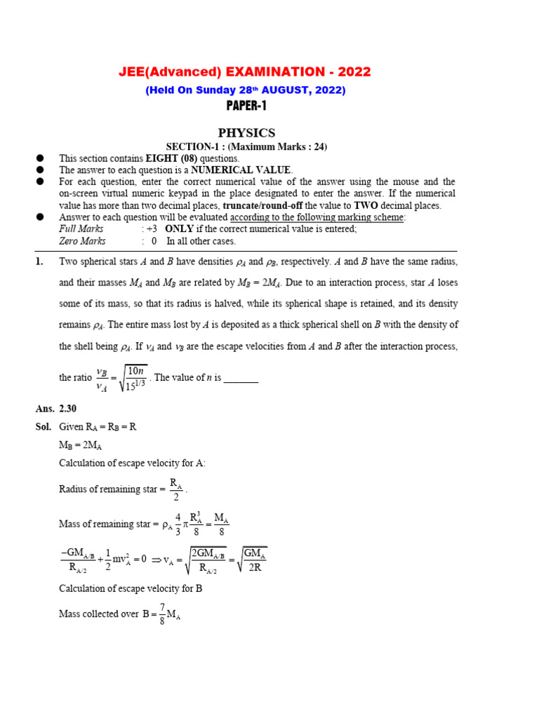 JEE Advanced 2022 Physics Exam Solutions | PDF | Capacitor | Physical ...