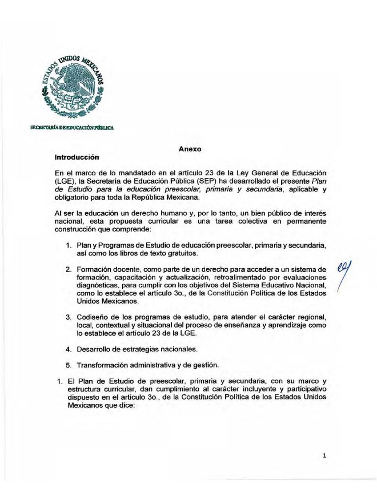 Plan de Estudios para La Educacion Preescolar Primaria y Secundaria | PDF