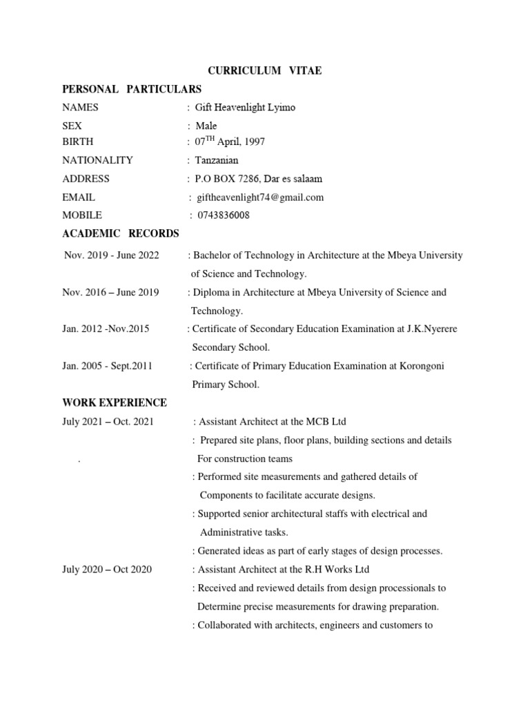 Curriculum vitae personal particulars pdf architect engineering