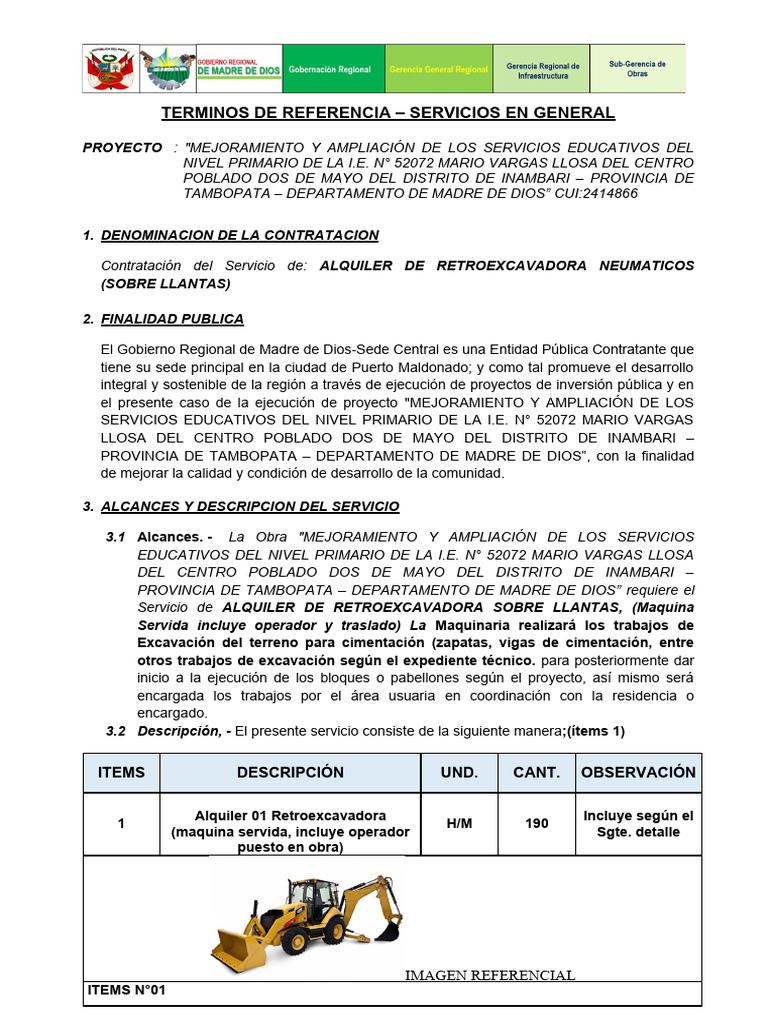 Alquiler de Retroexcavadora para Proyecto Educativo | PDF | Vehículo de ...