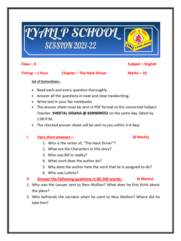 Class X English Test: The Hack Driver | PDF | Language Arts & Discipline