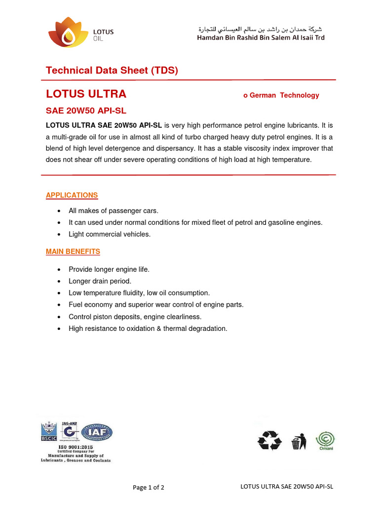 Tds-ultra Sae 20w50 API-sl | PDF | Gasoline | Viscosity