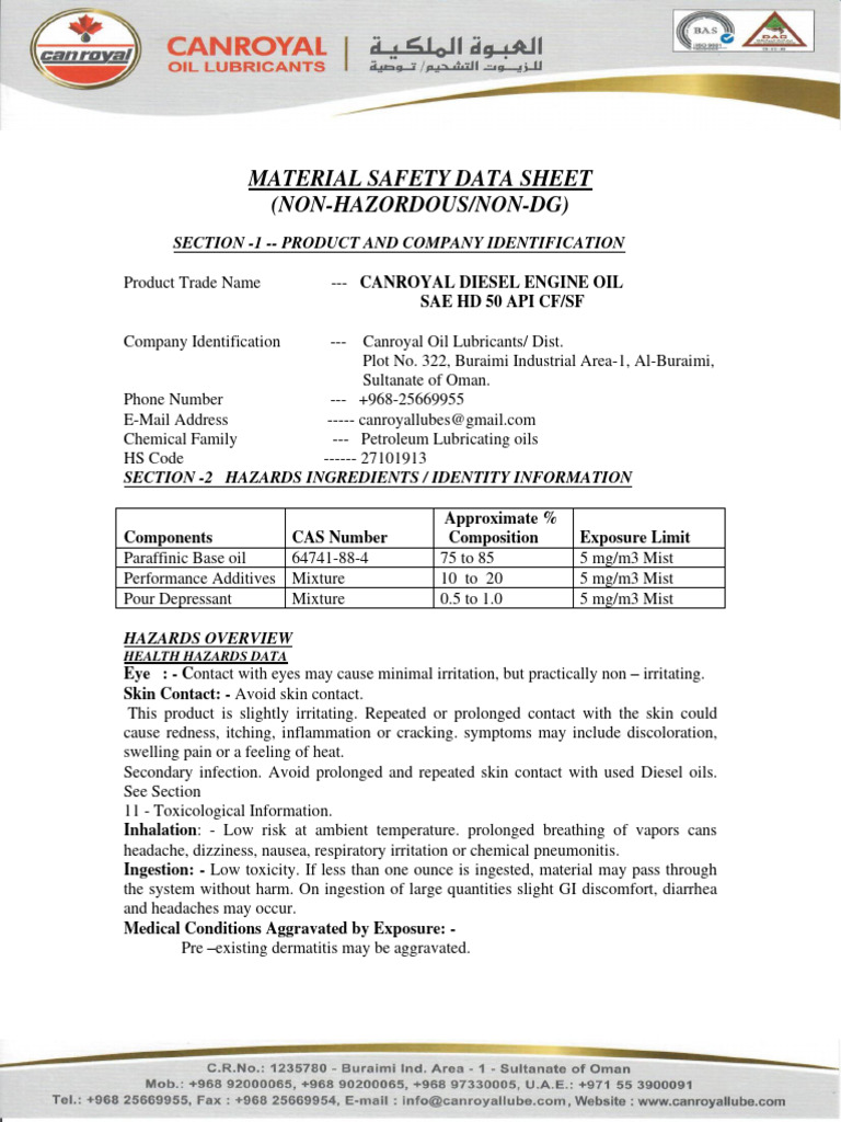Canroyal Diesel Engine Oil SAE HD 50 | PDF | Fires | Combustion