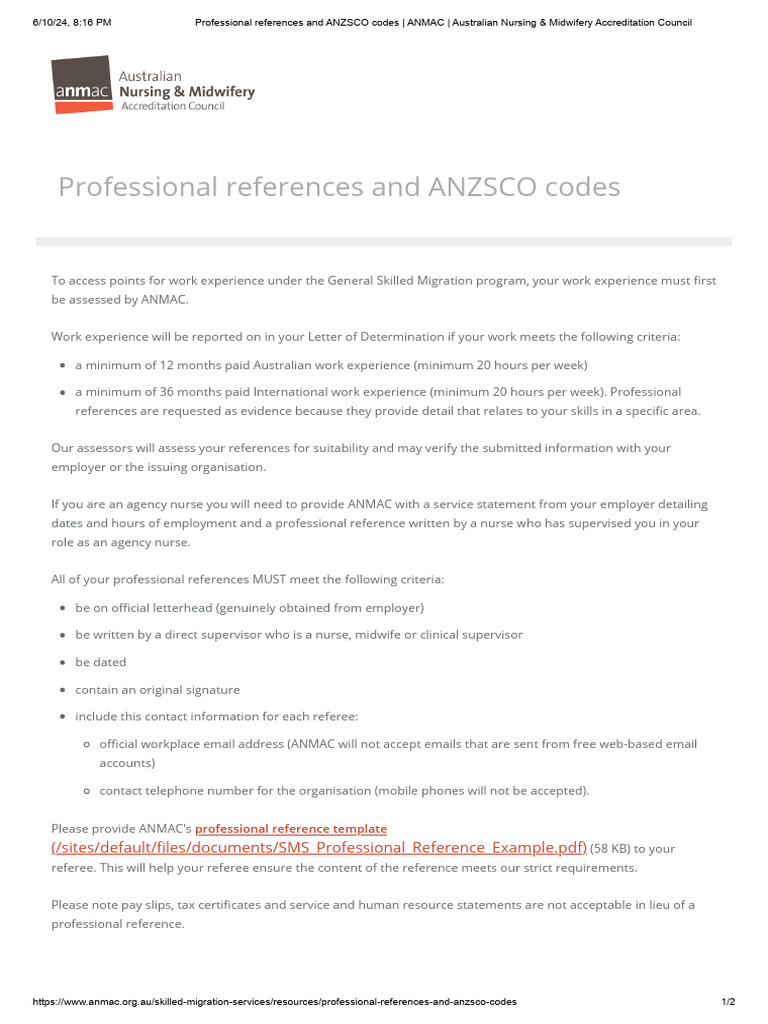 ANMAC Work Experience Reference Guide | PDF | Nursing | Employment
