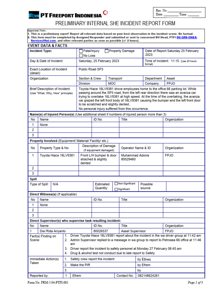 Preliminary SHE Incident Report Form | PDF | Risk | Occupational Safety ...
