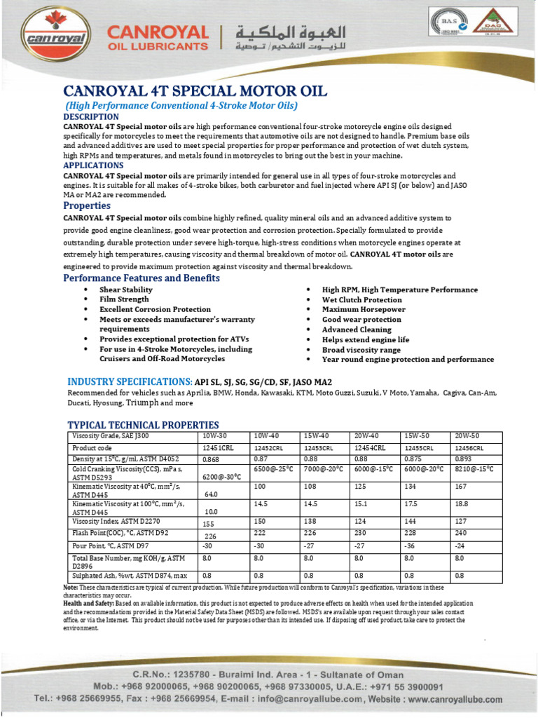 CANROYAL 4T Special Motor Oil Overview | PDF | Motor Oil | Vehicle ...