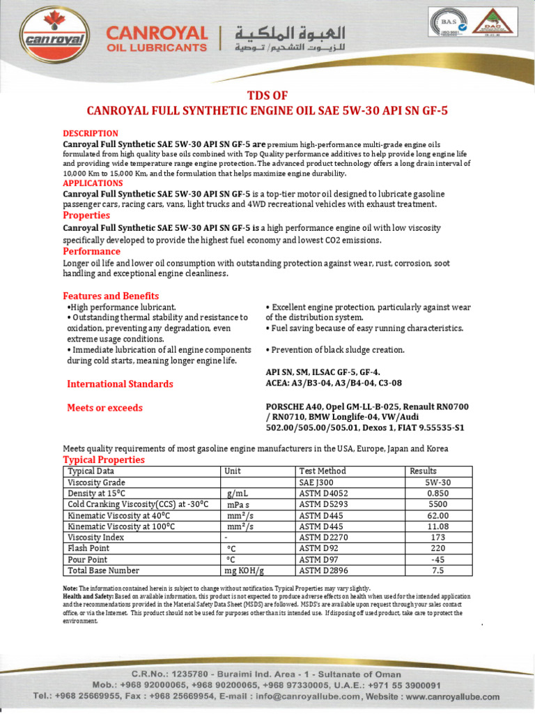 TDS - Canroyal Full Synthetic Engine Oil Sae 5W-30 Api SN GF-5 | PDF ...