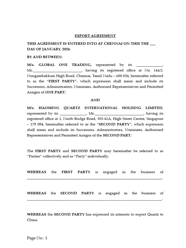 Export Agreement: Global One & Haoming Quartz | PDF | Private Law ...