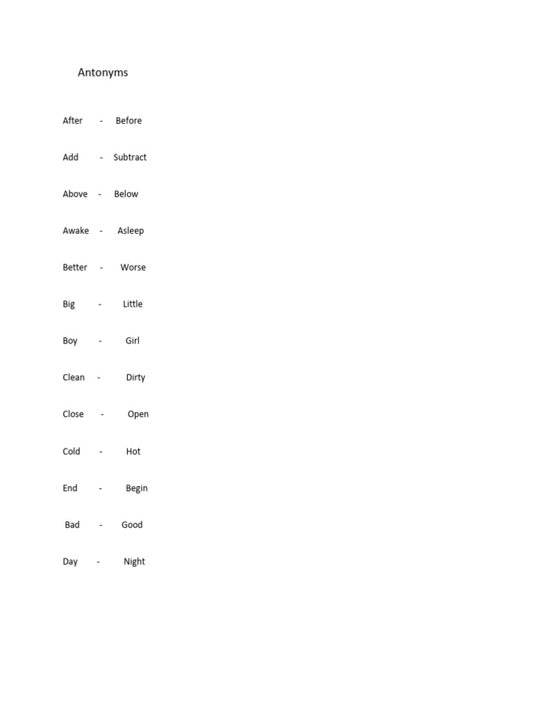 Antonyms List for Common Words | PDF