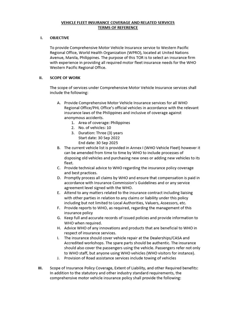 WHO Vehicle Fleet Insurance TOR | PDF | Insurance | Vehicle Insurance