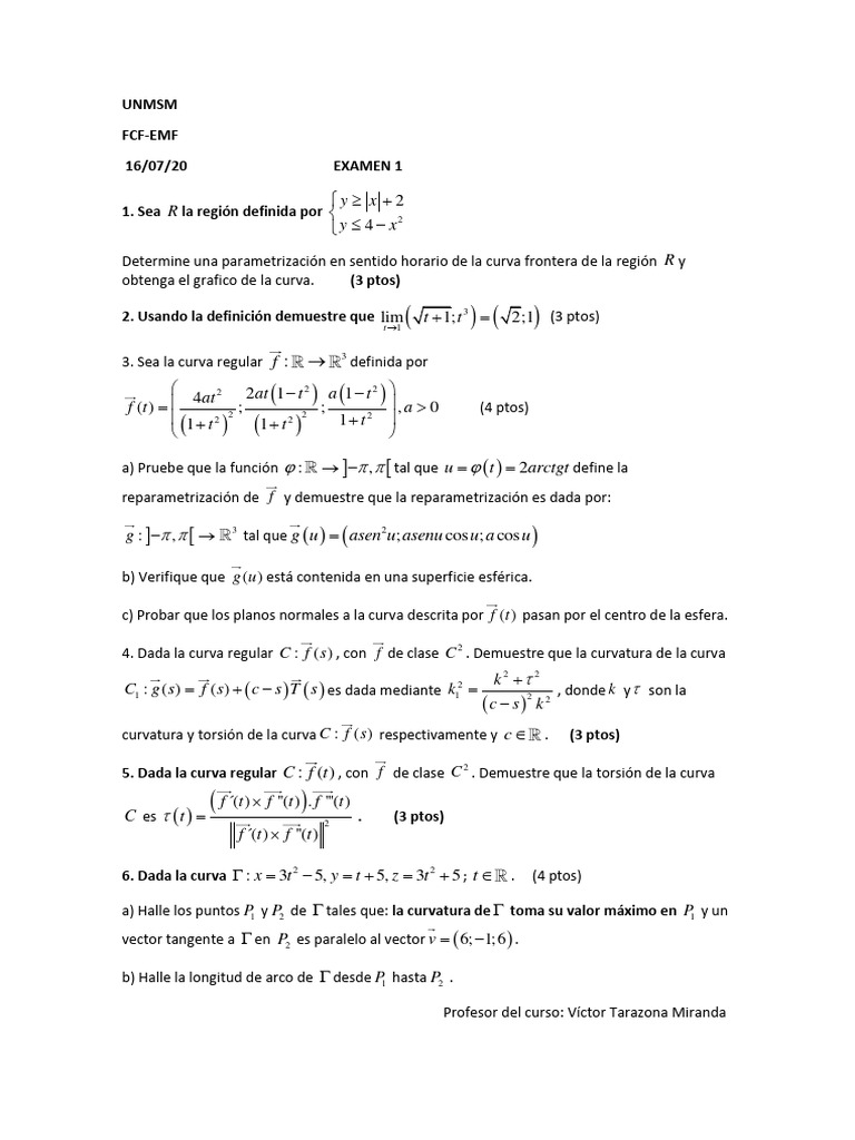 Examen de Curvas y Superficies UNMSM | PDF | Curva | Análisis matemático