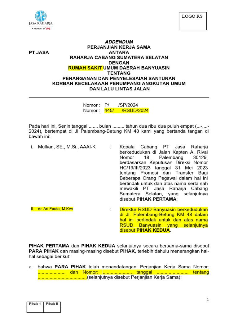 Addendum PKS Penanganan Santunan Kecelakaan | PDF