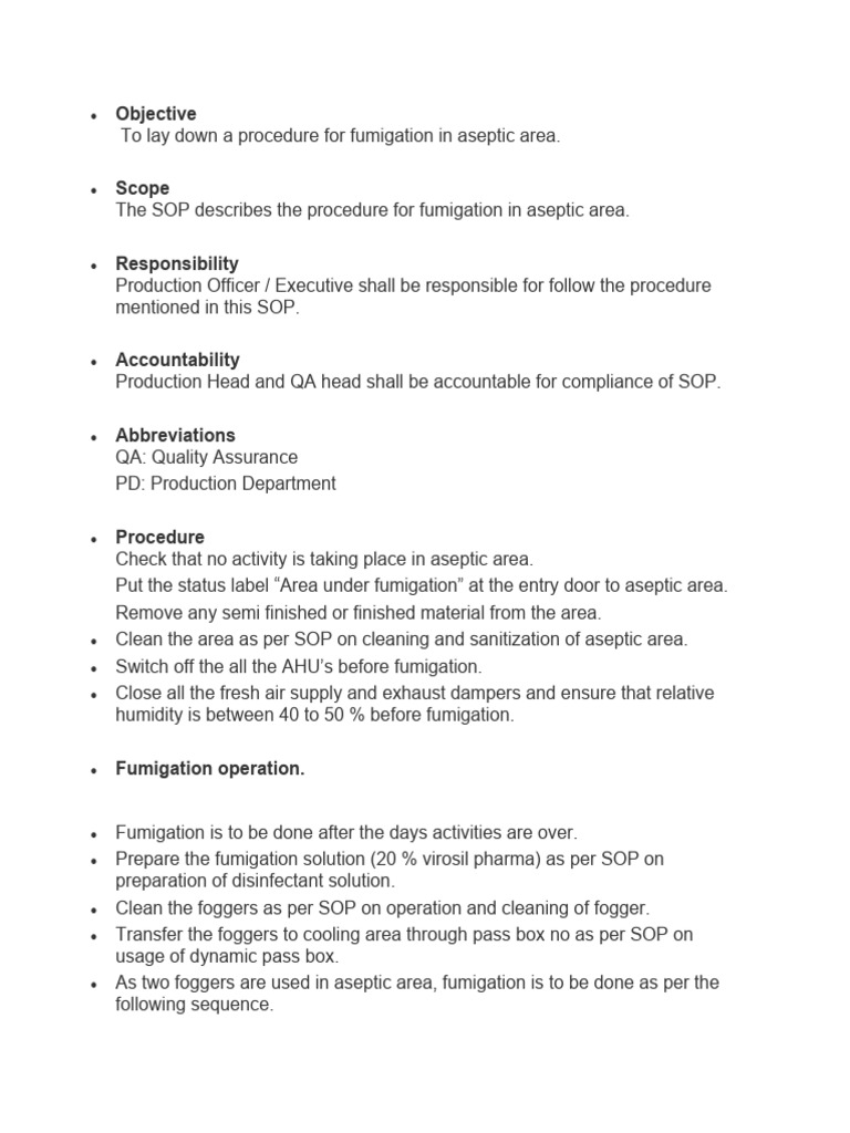 SOP for Aseptic Area Fumigation | PDF | Science & Mathematics ...