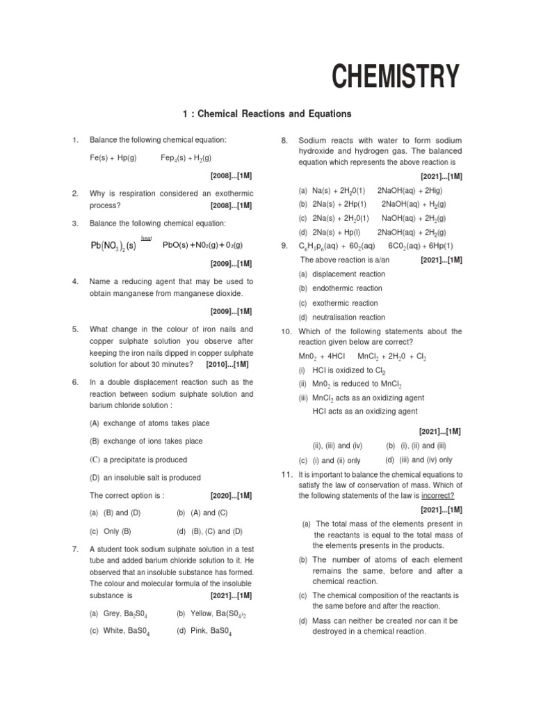 Chemistry Questions on Reactions & Equations | PDF | Acid | Chemical ...