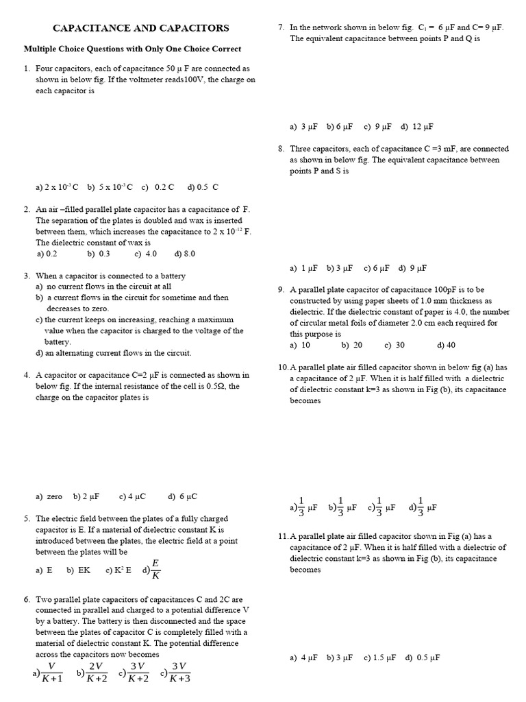 Capacitance and Capacitors MCQ Download Free PDF Capacitor