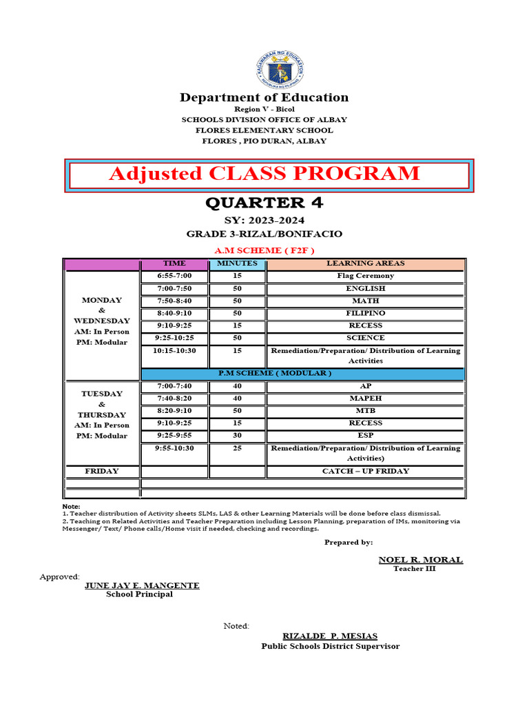 Grade 3 Class Program For Modular Classess | PDF