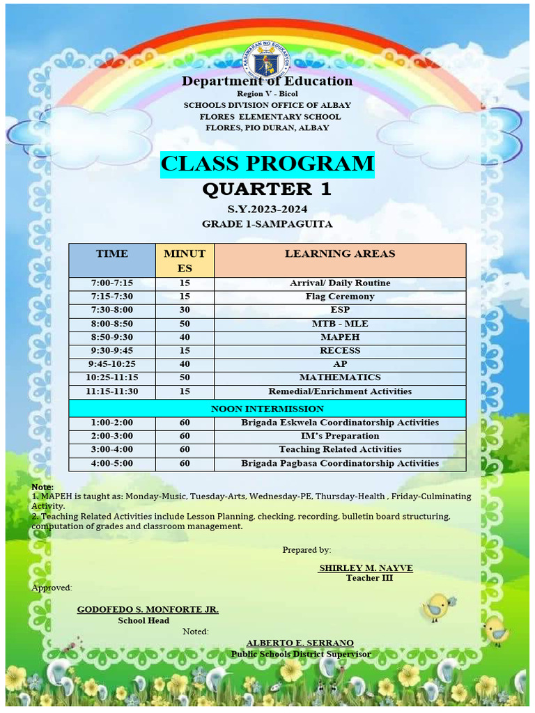 Grade 1 Class Program For Half Day All | PDF | Teachers | Human ...