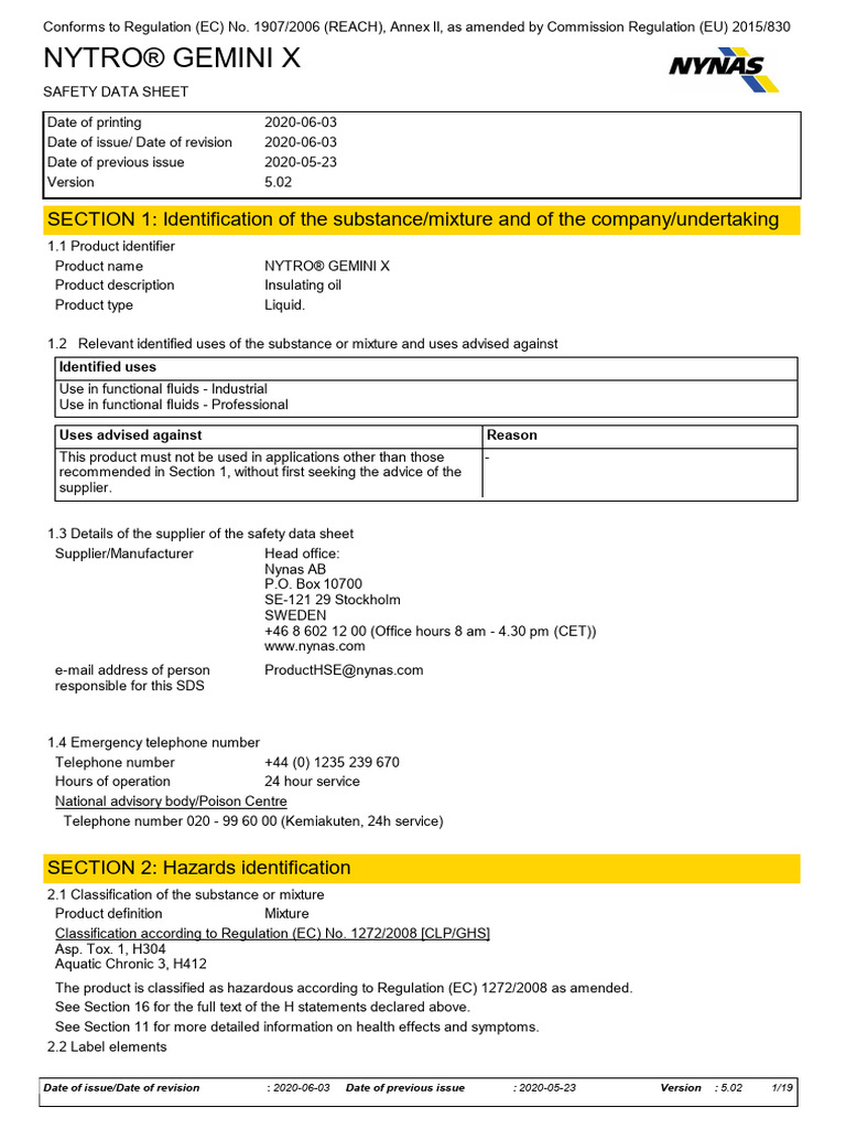 NYTRO® GEMINI X Safety Data Sheet | PDF | Occupational Safety And Health