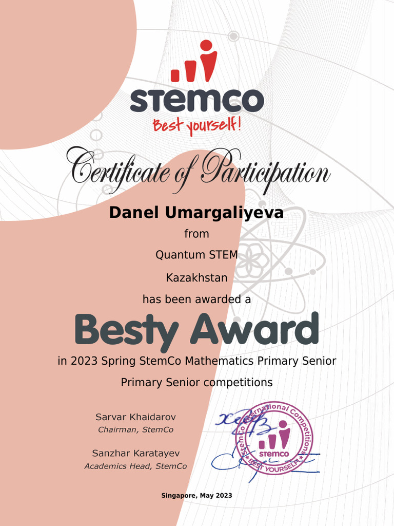 Certificate - 2023 Spring StemCo Mathematics Primary Senior | PDF