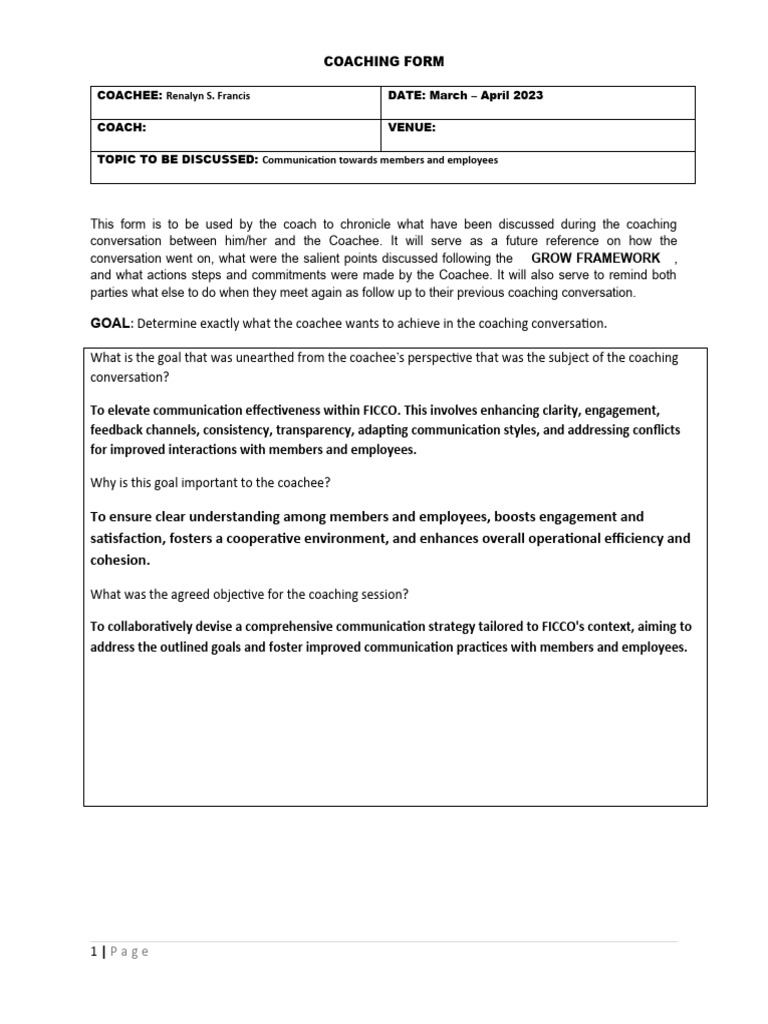 Coaching Form: Enhancing Communication | PDF | Communication | Goal
