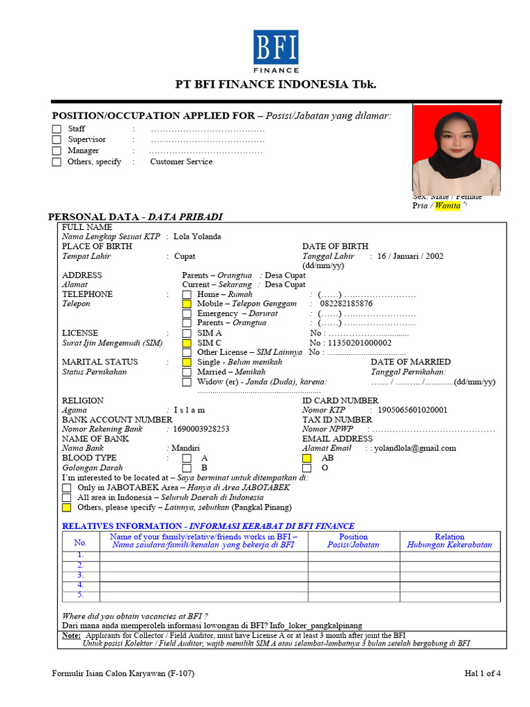 F-107 Form Pengisian Calon Karyawan | PDF