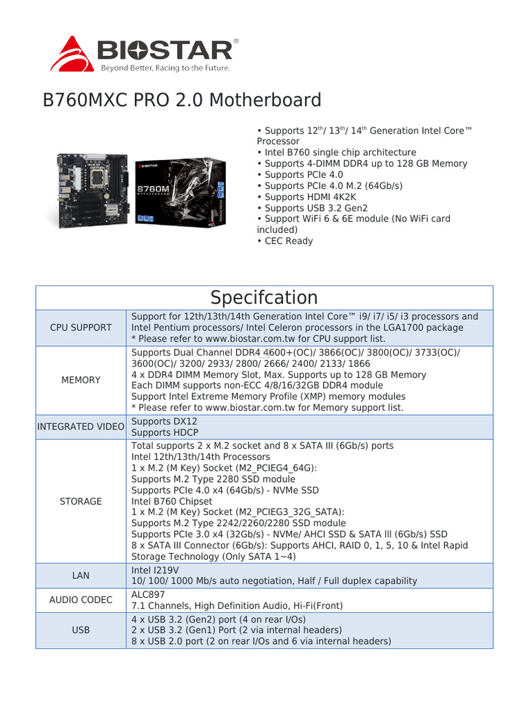 Biostar b760mxc Pro 2.0 Spec | PDF | Usb | Bios