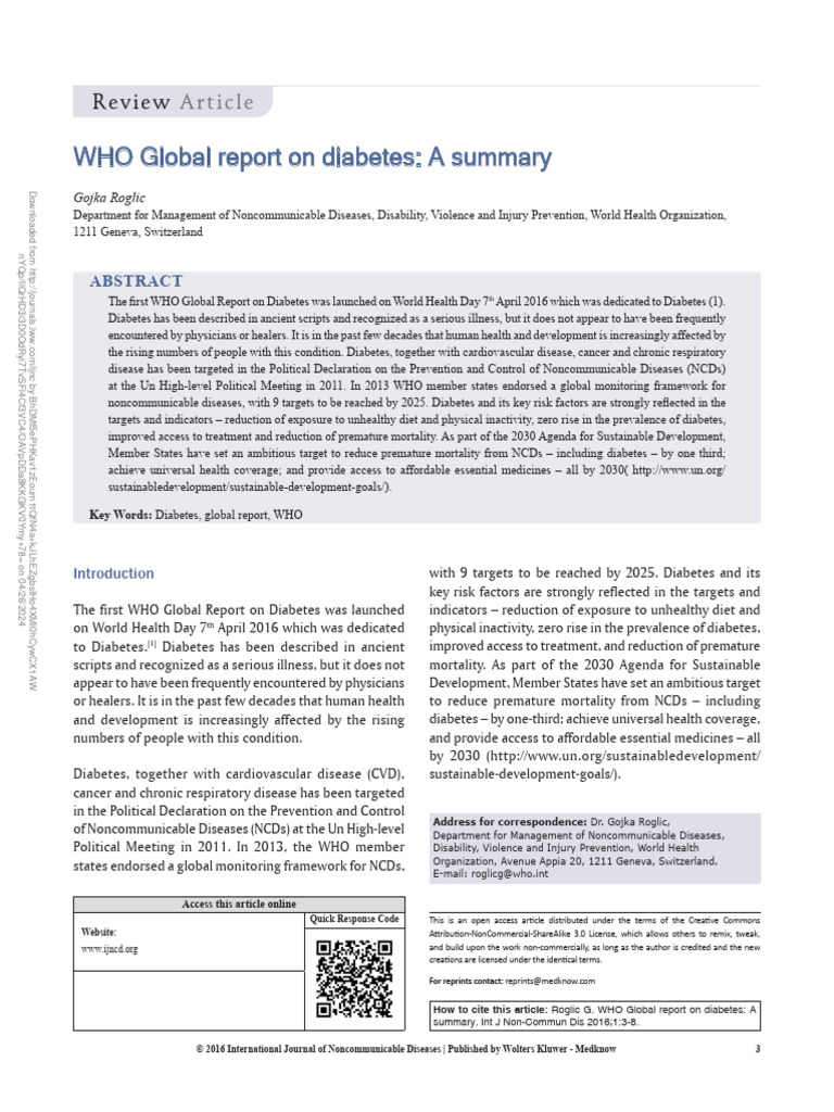 WHO Global Report on Diabetes Summary | PDF | Diabetes | Non ...