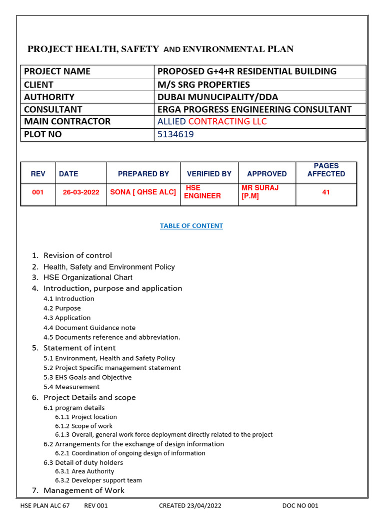 HSE Plan for SRG Properties Project | PDF | Occupational Safety And ...