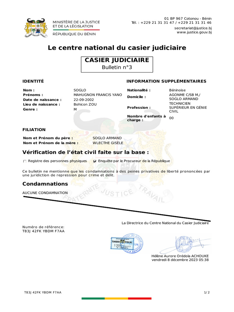 Bulletin n°3 du Casier Judiciaire RDC | PDF | Justice | Crime et violence
