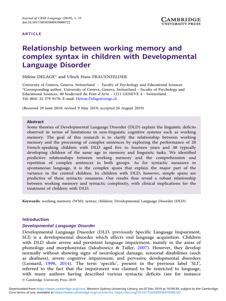 Working Memory and Syntax in DLD Children | PDF | Working Memory ...