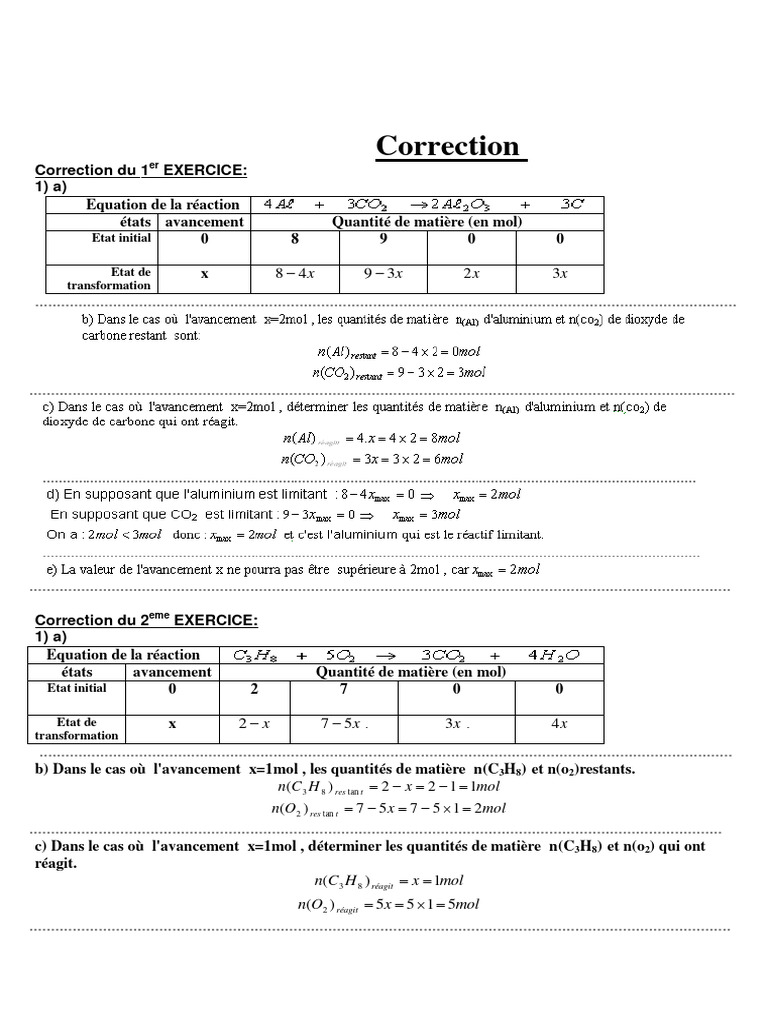 Exercices corrigés sur le bilan de matière | PDF | Chimie