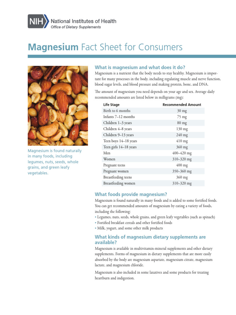 Magnesium Fact Sheet For Consumers PDF Dietary Supplements Magnesium