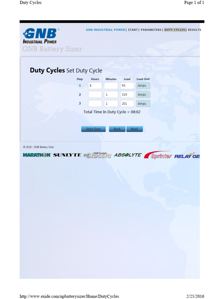 GNB Calculator B. Duty Cycles Input | PDF