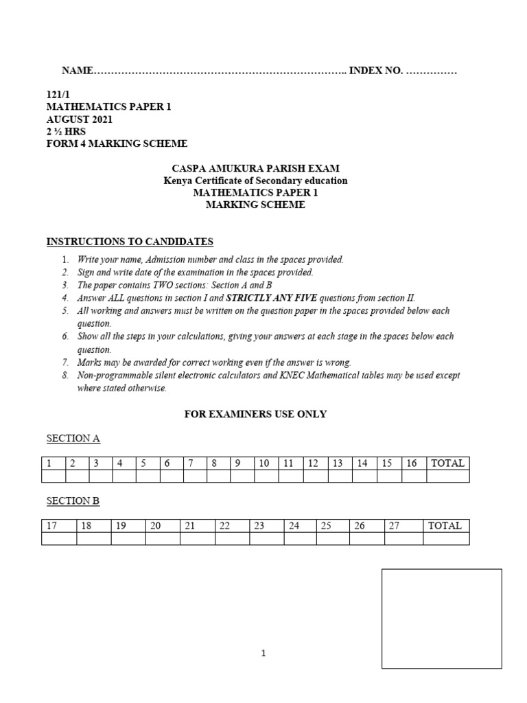 CASPA 2021 Mathematics Marking Scheme | PDF