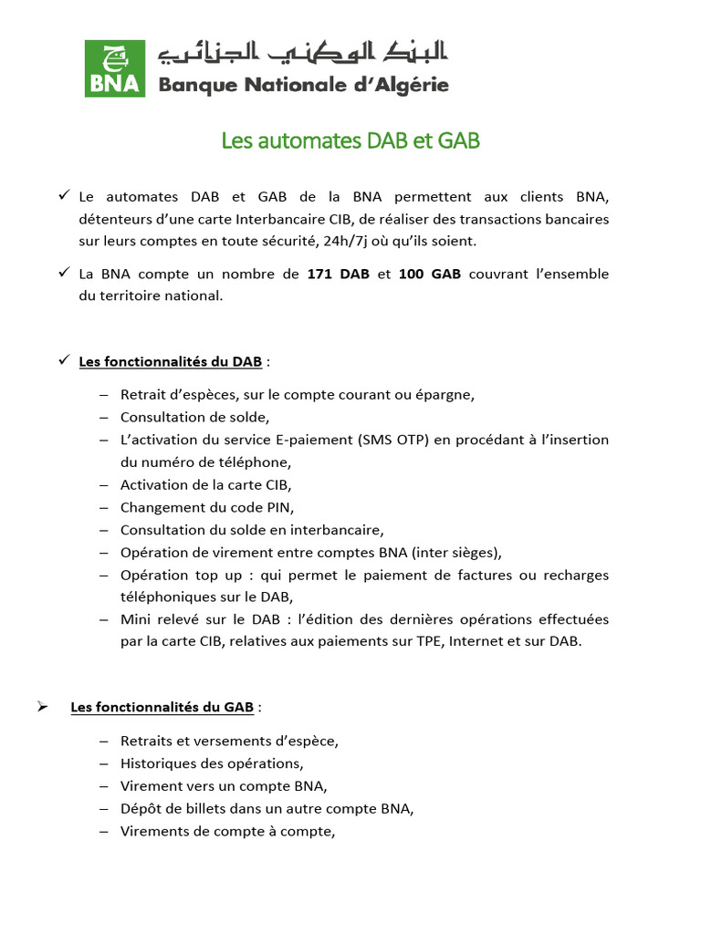DAB et GAB : Services BNA Essentiels | PDF | Guichet automatique ...