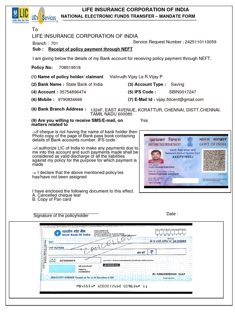 NEFT Form 2425110110059 | PDF