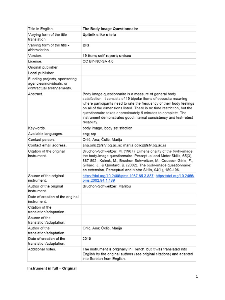 Quesioner Body Image | PDF