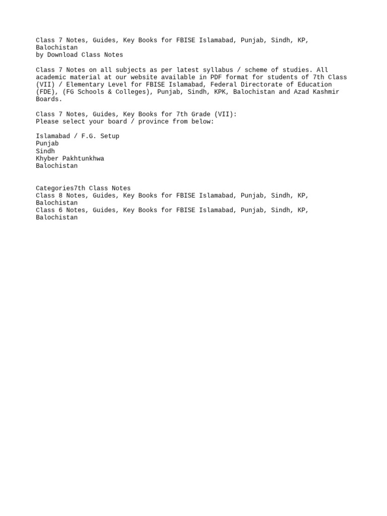 Class 7 Notes & Guides for FBISE Boards | PDF